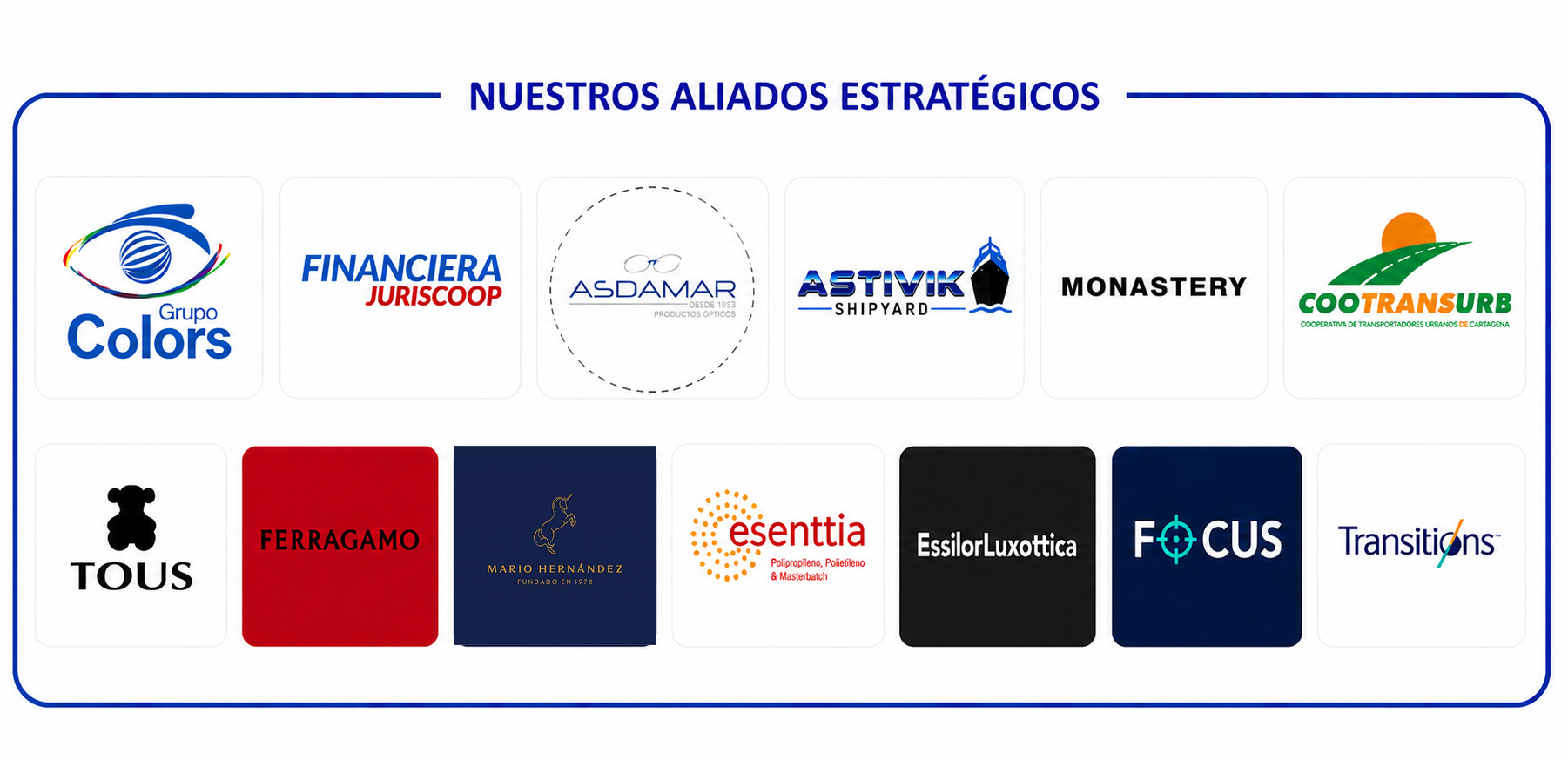 Aliados estratégicos de A&M Óptica: Policía Nacional, Alcomex, Asdamar, Tous, Ferragamo, Think Rink, Essilor, Focus, Esenttia, Astivik, Cootransurb, Colors, Juriscoop, Monastery